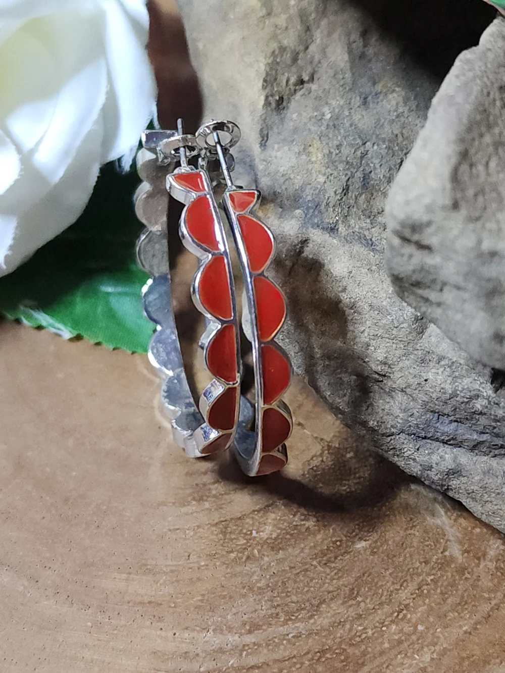 Red Enamel Hoop Scalloped Edge Earrings - Women Jewelry